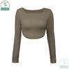 My Wardrobe Authorization Women Long Sleeve Knitted Solid Crop Top Square Neck Fitted Asymmetrical Hem Cropped Tee Shirts