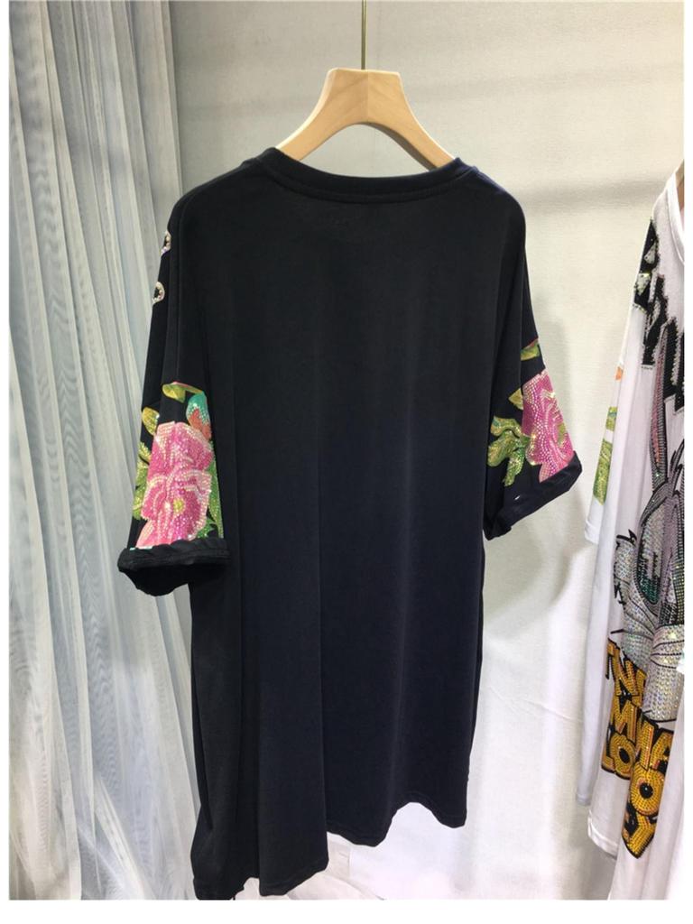 Dámské módní tričko s krátkým rukávem a kulatým výstřihem, velikost plus, s pivoňkou a králíčkem s diamanty, pro ženy 200-300 lbs