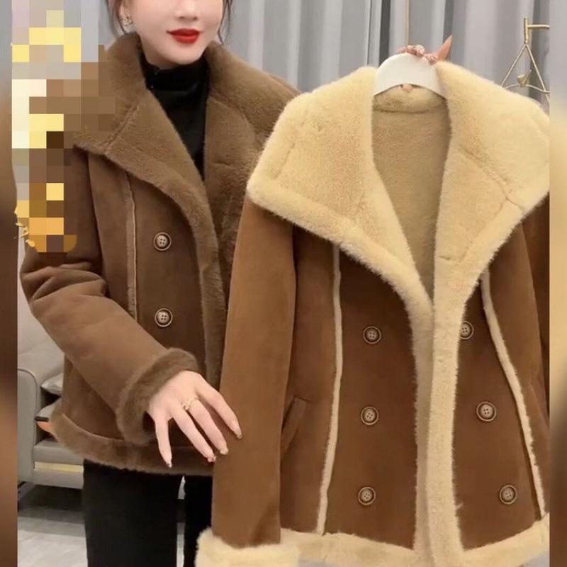 Double-Breasted Lapel Leather-Fur Jacket: Stylish, Chic, Versatile, Loose-Fit Women's Casual Top