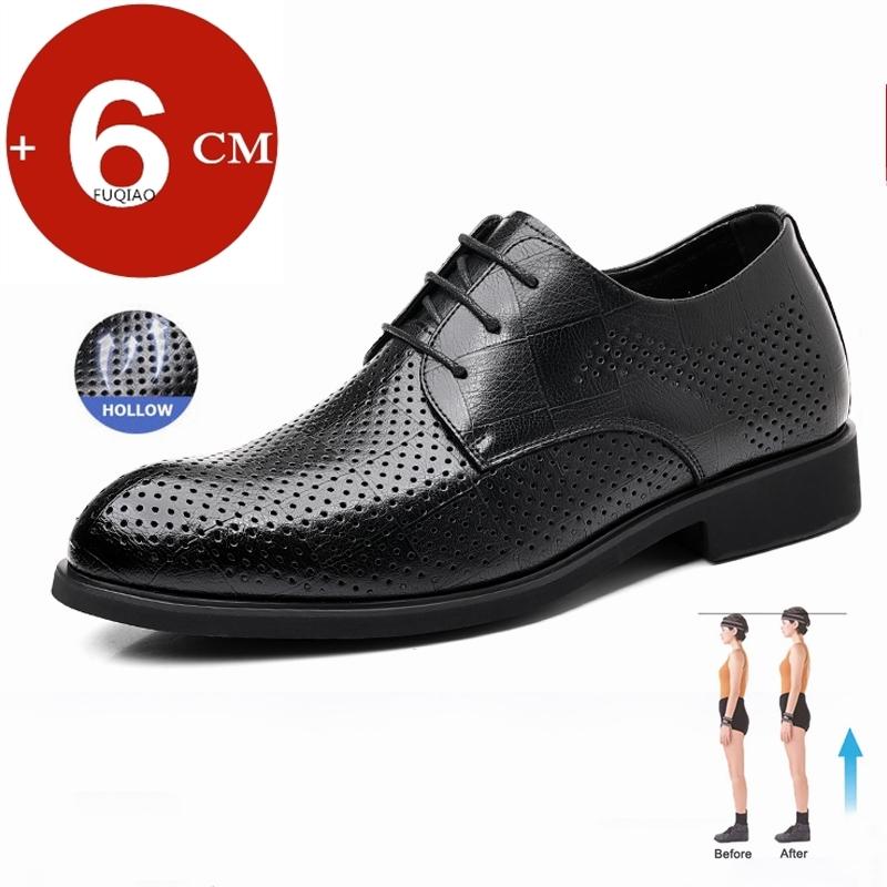 Hollow Out Breathable Flat/6cm Heel Spring Summer Men's Leather Dress Shoes Fashion Casual Height Increase Elevator Shoes Man