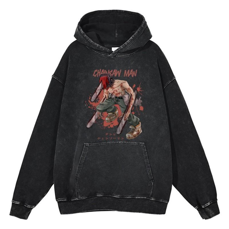 Heavyweight 440g Washed Vintage Denim-Style Anime Hoodie Men Streetwear Casual Sweatshirt