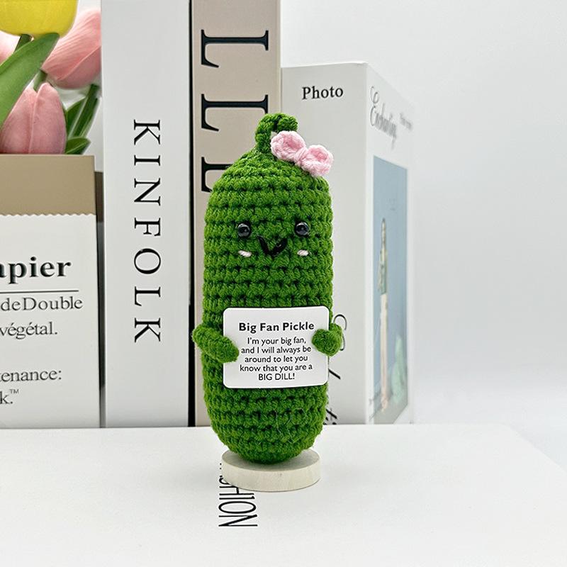 Funny Positive Crochet Cow Doll Desktop Ornament Handmade Cheer Emotional Support Positive Cow with Card Home Party Decoration