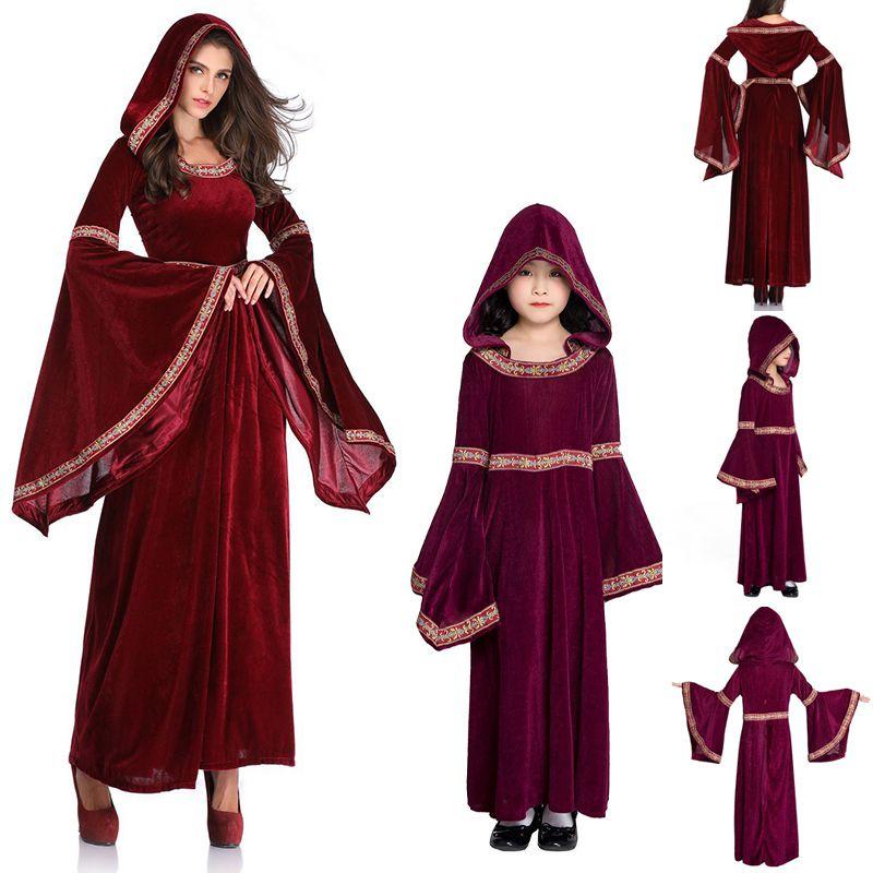 Medieval Vampire Witch Hooded Wine Red Dress Cosplay Halloween Costume Carnival