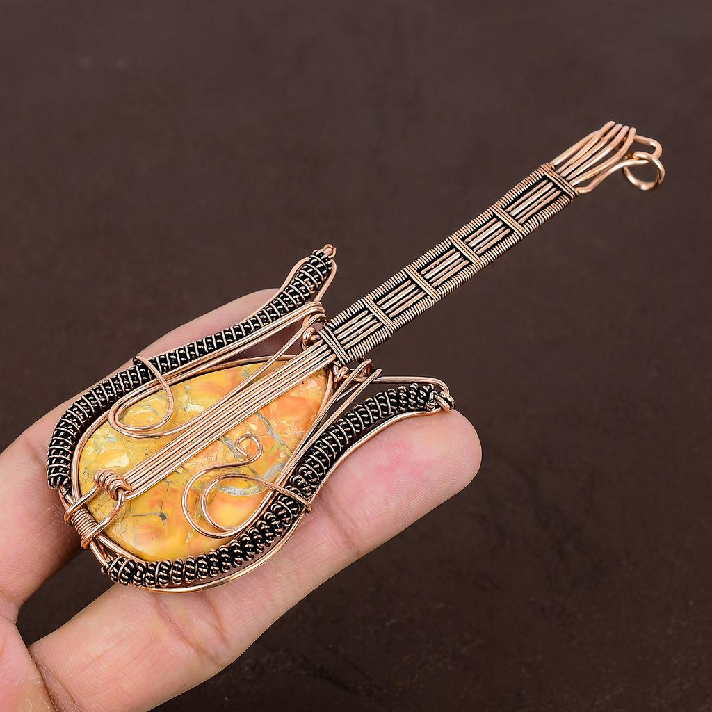 Yellow Mookaite Handmade Copper Wire Wrap Guitar Pendant 4.53" C2d64