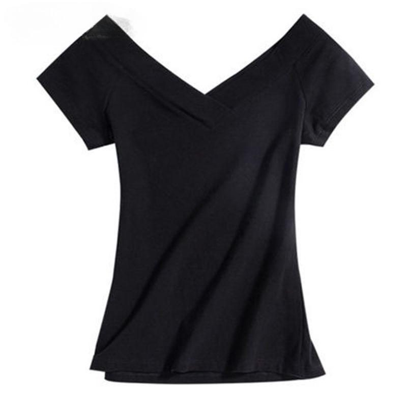 Summer Women's Sexy Deep V Neck T Shirt Short Sleeve Causal Irregular Solid Color Plus Size