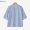 ZANZEA Women Korean Round Neck 3/4 Sleeve Stripes Buttons Patchwork Shirt