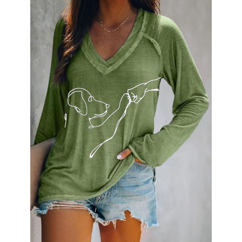 ilstile Women's Dog Print T-Shirts Summer Casual Loose Long Sleeve V Neck Tops White Black Blue Green T Shirt Hot Sale