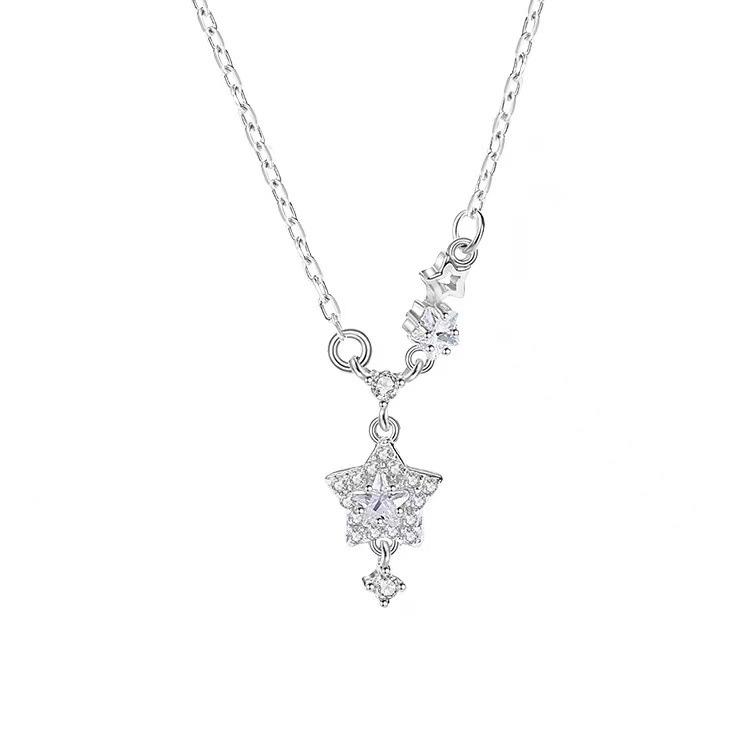 925 Sterling Silver Rhinestone Star Pendant Necklace - Elegant, Personalized Clavicle Chain for Women
