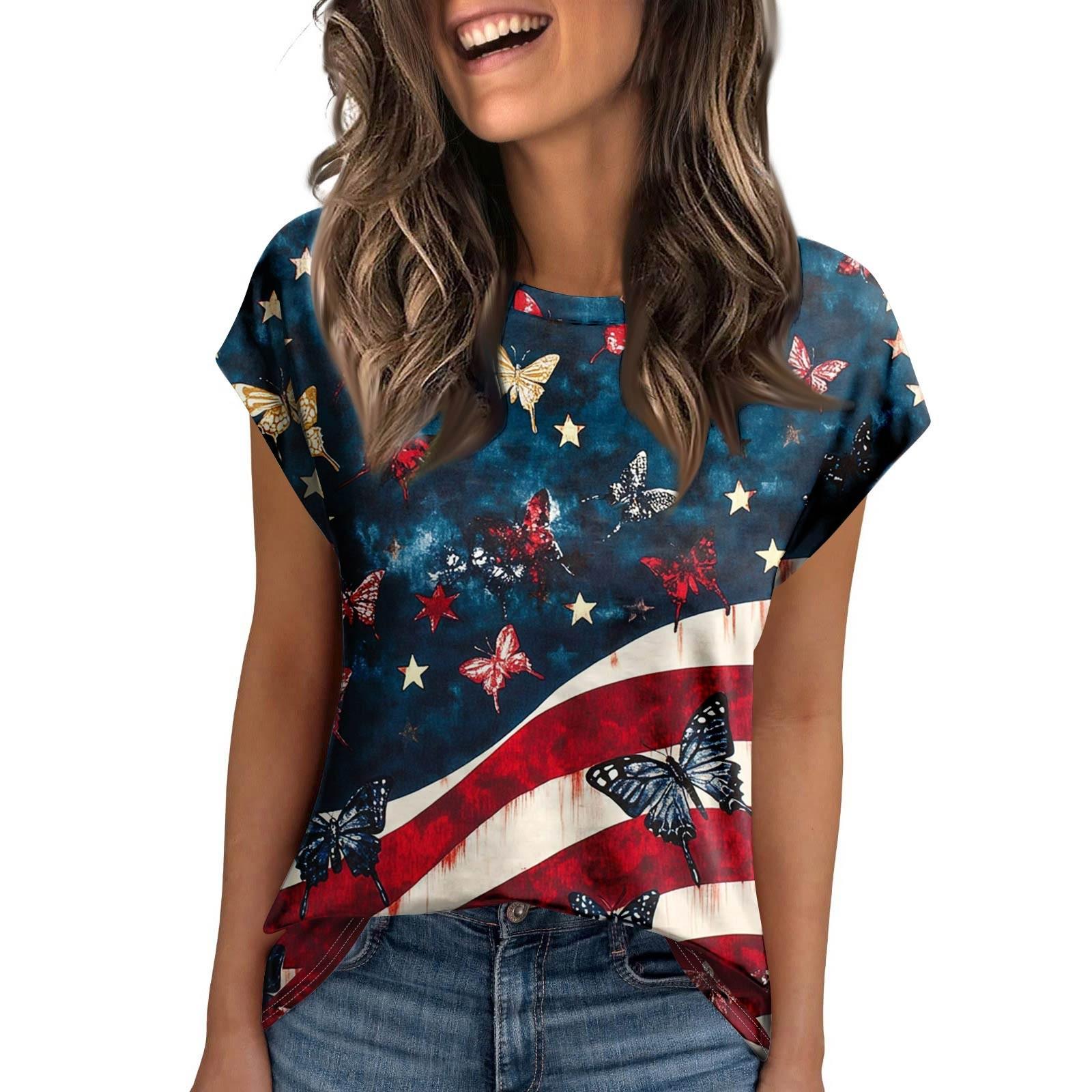 

Женская футболка с круглым вырезом и коротким рукавом средней длины, свободная повседневная футболка с коротким рукавом и принтом «День независимости» M синий