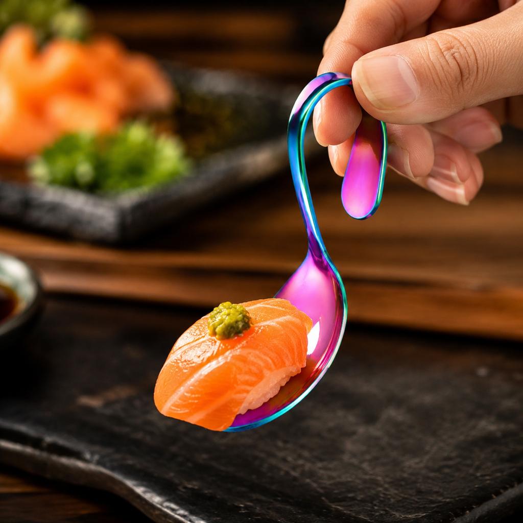 Stainless Steel Curved Handle Spoon Self Serve Buffet Spoon Seafood Sushi Serving Spoon Kitchen Utensil for Food Service