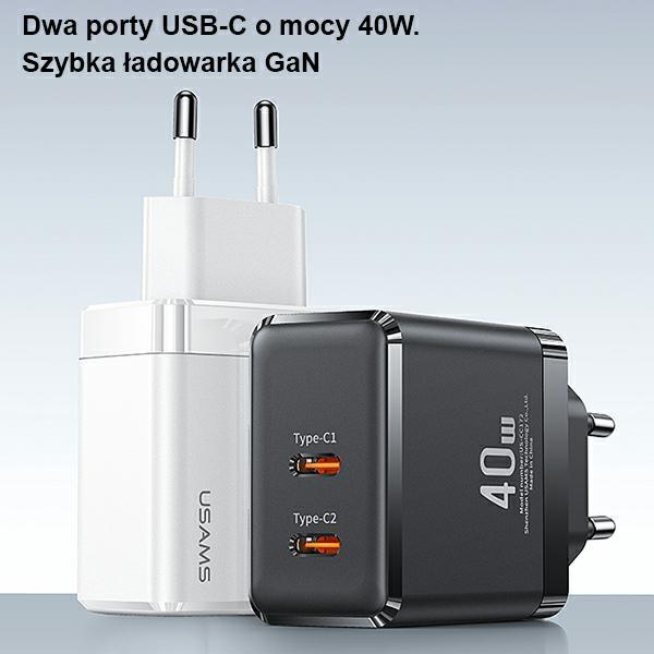 Usams Ład. Siec. 2Xusb-C T54 Gan 40W(Only Head) Pd Fast Charging Czarny/Black Cc172Tc01 (Us-Cc172)