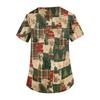 Women's V-Neck Scrub Top with Christmas Print Short Sleeve Pocket Side Slit Caregiver Uniform