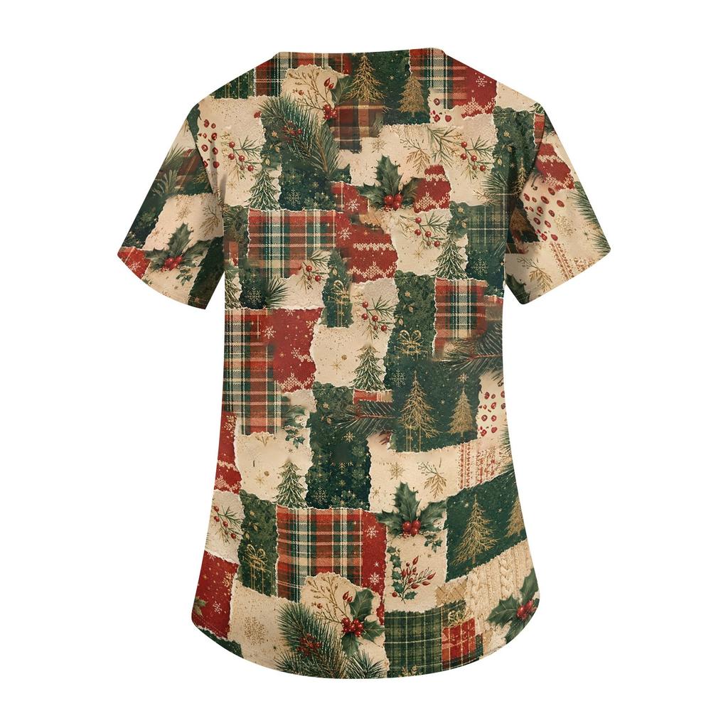 Women's V-Neck Scrub Top with Christmas Print Short Sleeve Pocket Side Slit Caregiver Uniform