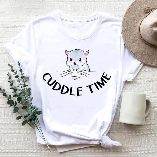 Cartoon Cute Hamster Cartoon Cute Hamster Baby Round Neck Big Size Round Neck Black T-shirt Woman Tops