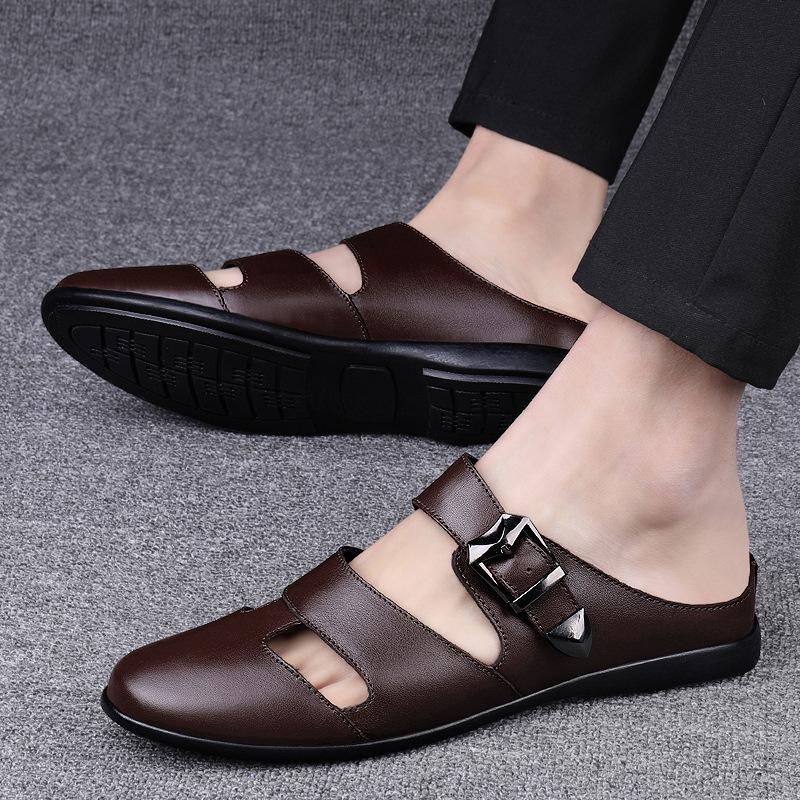 Men's shoes, sandals, half slippers, summer cowhide overalls, flat-soled Muller shoes, one pedal, hole shoes, cool slippers, men
