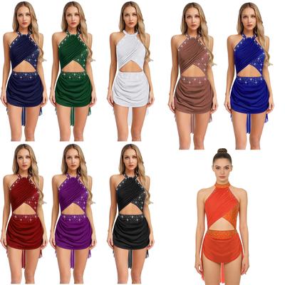 Dames Leotard Jurk met Strappy Rug en Open Rug, met Doorzichtig Mesh Overlaag en Strass Details voor Lyrische Dansvoorstellingen
