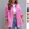 Moda feminina jeans rasgado feminino outono e inverno manga comprida casual lapela jaqueta superior