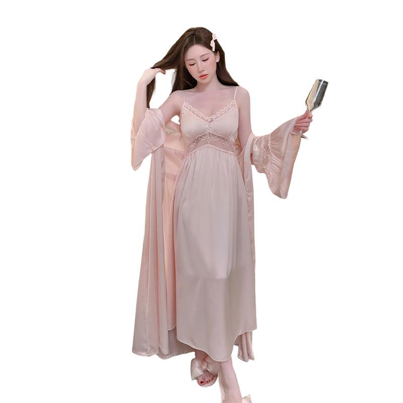 Satin texture silk nightdress new lace sexy ice silk elastic nightgown women's suspender skirt set long nightdress