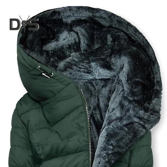Giacca invernale da donna imbottita taglie forti con fodera in peluche, chiusura con cerniera imbottita, lunghezza media, con cappuccio, tinta unita, caldo, antivento