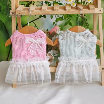 Breathable Dog Clothing Knitted Sleeveless Dress, White Tutu Puppy Princess Cute Girl Dress Pet for Summer with Lace Faux Pearl Bow, Female Small Dogs