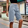 Women's High Waisted Distressed Bermuda Denim Shorts Knee Length Ripped Stretchy Jean Shorts with Pockets Frayed Hem Short Pants
