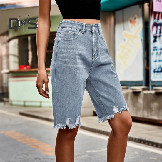Women's High Waisted Distressed Bermuda Denim Shorts Knee Length Ripped Stretchy Jean Shorts with Pockets Frayed Hem Short Pants