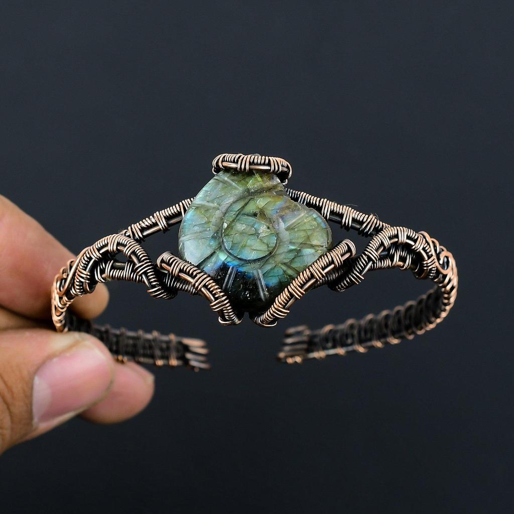 Laradorite Gemstone Handmade Copper Wire Wrap Jewelry Adjustable Cuff For Women