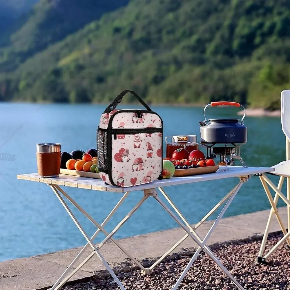 Cute Gnomes Hearts  Reusable Portable Lunch Bag for Men Women, Valentine's Day Theme Insulated Bags for Office Work Trip