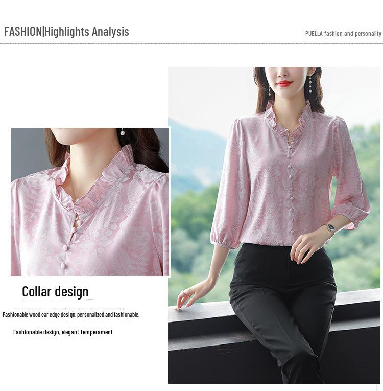 Women's Satin Three-Quarter Sleeve Ruffled V-Neck Top - French Style, Spring Collection, Flattering Fit