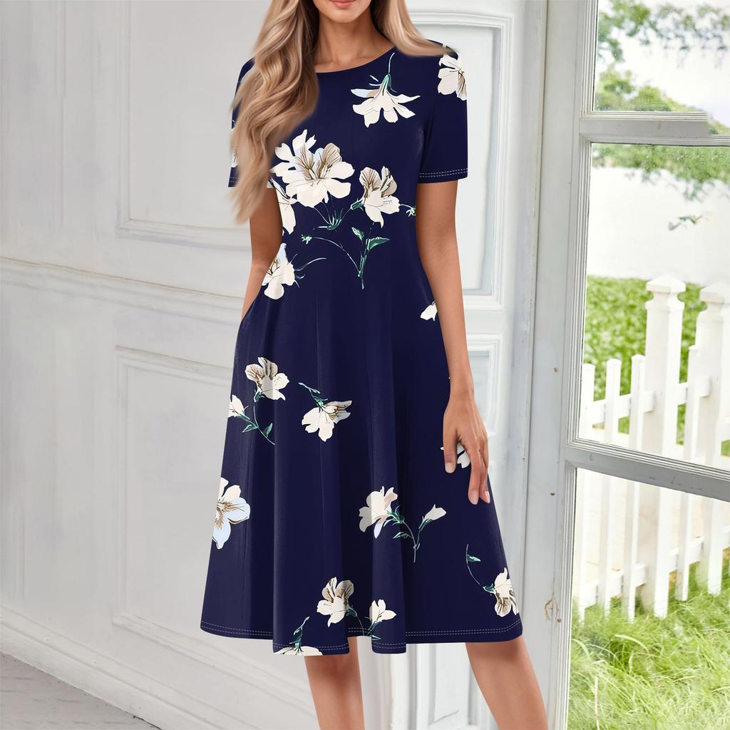 Women Casual Printed Round Neck Long Dress
