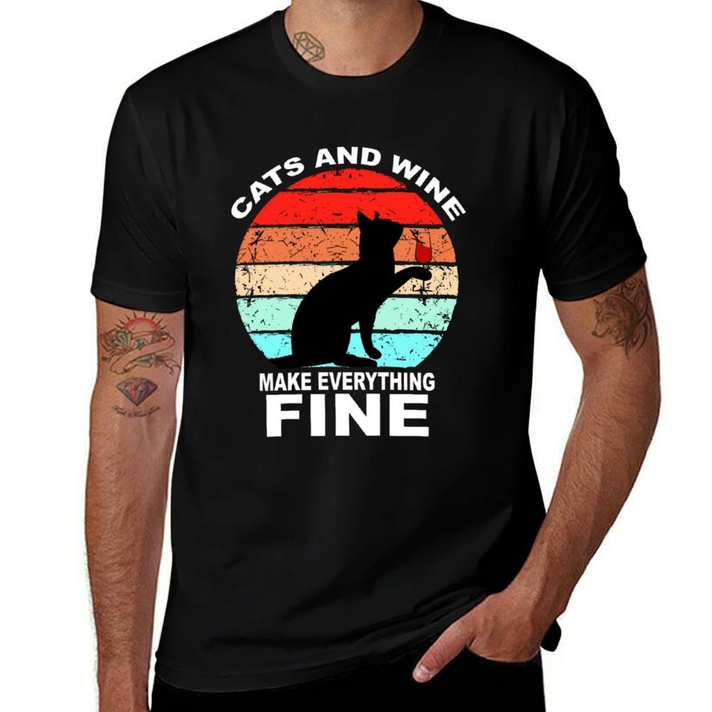 Cats And Wine Make Everything Fine TShirt Work Daily Short Sleeve Top