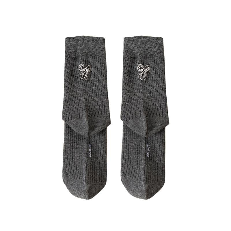 5 Pairs Socks Autumn Women's Cotton Mid Calf Ballet Style Cream Heel Embroidery Bow Anti Pilling Grey Stacked Socks