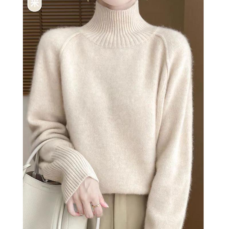 WTEMPO Autumn and Winter Semi High Neck Sweater Loose Knitted Top and Pullover Knit Sweater