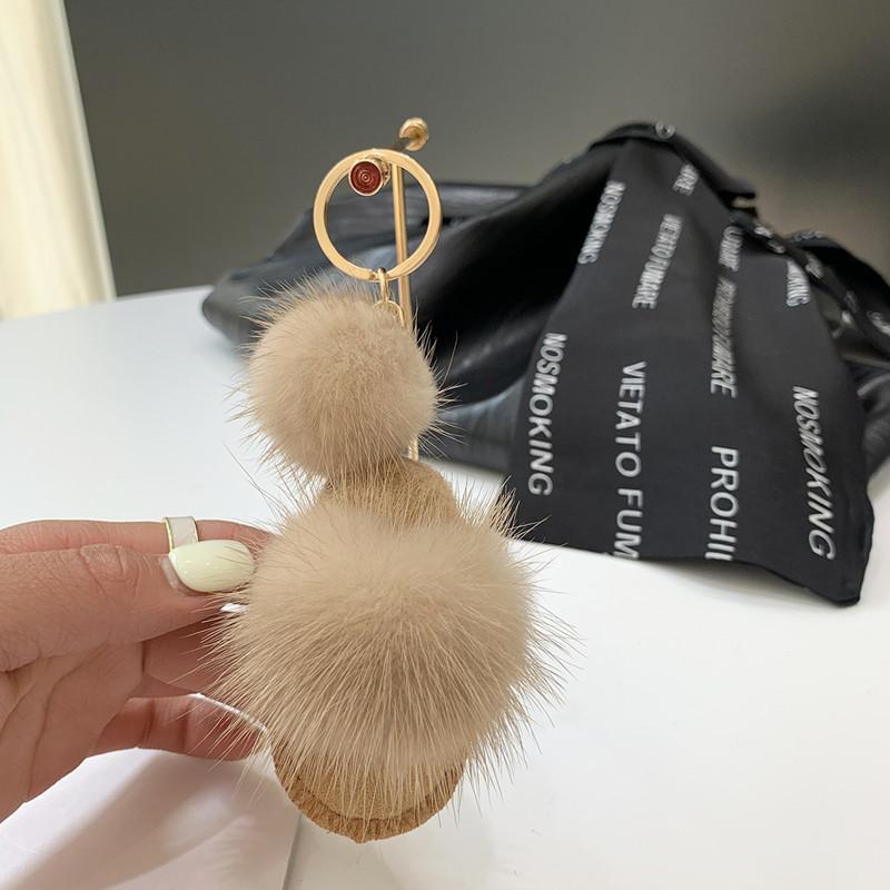 Luxury Fluffy Real Mink Fur Slippers Ball Pom Poms Fur High Quality Car Metal Ring Pendant For Women Bag Charm