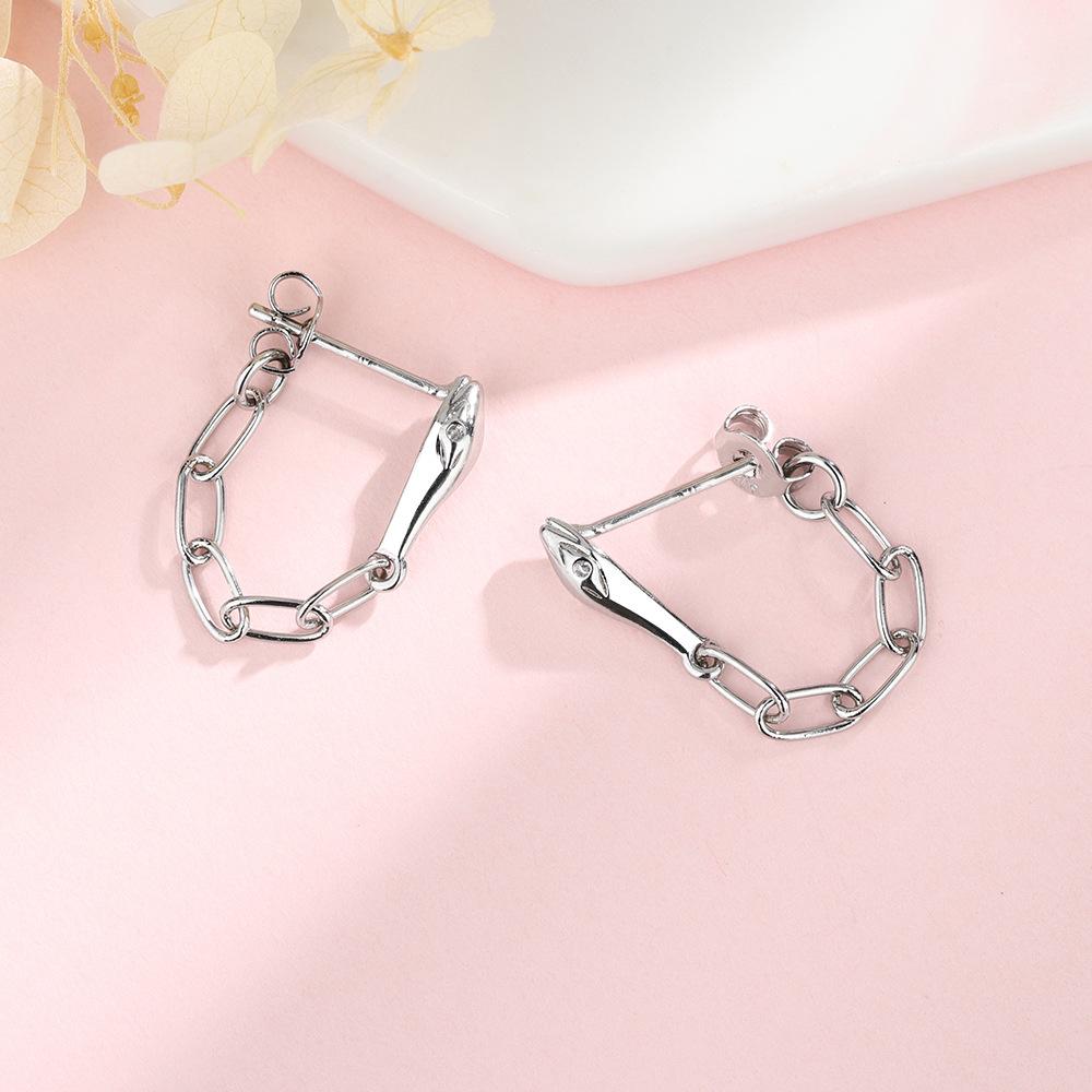 PONYKISS Tibetan Silver Zircon Hollow Small Snake Chain Hoop Earrings for Trendy Women Fashion Minimalist Accessories