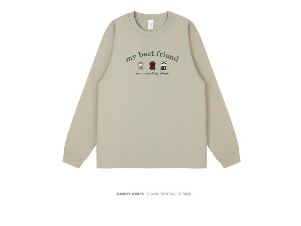 Korean Style Cute Cartoon Couple T-Shirt with Cuffed Long Sleeves for Autumn and Winter