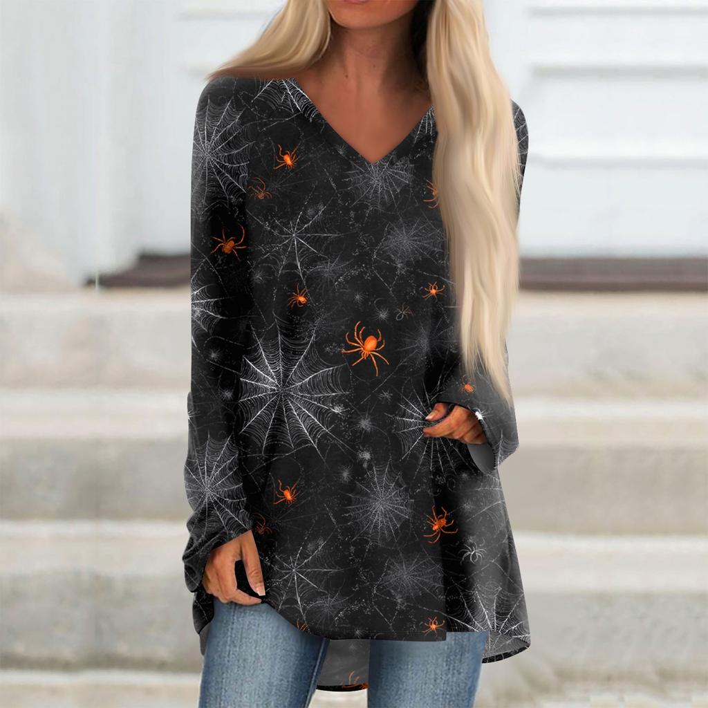 Ladies' Fashionable And Casual Halloween Printed T-shirt Long Sleeved V-neck Mid Length Top