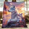 Custom Wolf Family Blanket Sunset Moon Forest Design Personalized Name Fleece Throw All Season Soft Warm Bedding Home Decor Gift