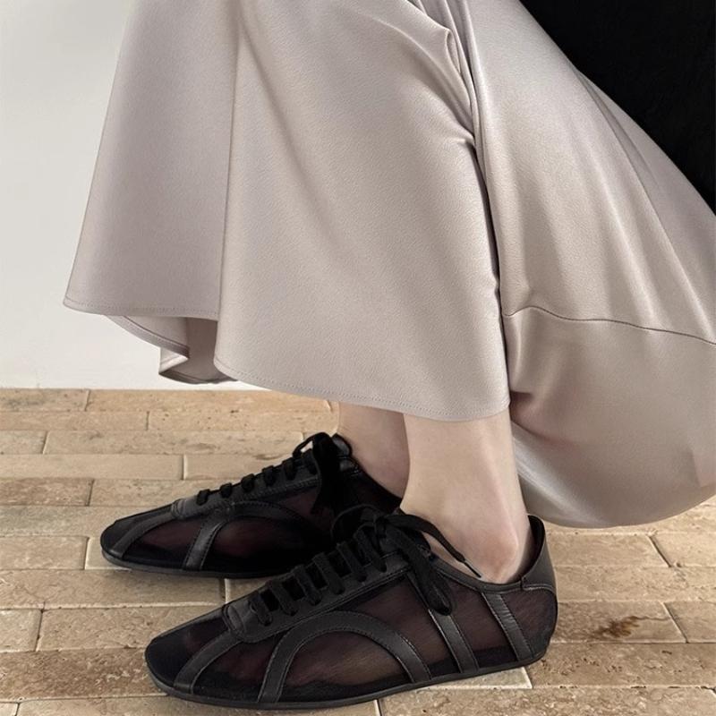 

Fashion Training Shoes Women 2025 New Summertime Flat Lace-up Forrest Gump Shoes Women Genuine Leather Mesh Ventilation Sneakers 35 чёрный