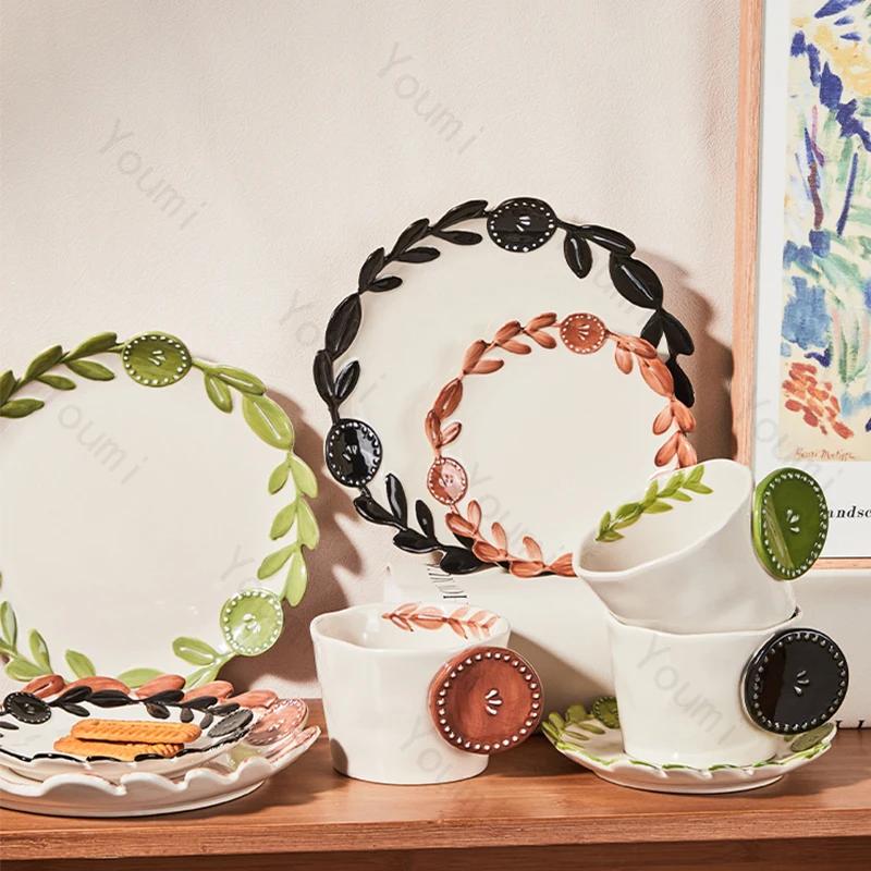 

Retro Relief Ceramic Plates Household Afternoon Tea Desserts Plate Creative Office Coffee Cups Plate Sets Exquisite Tableware