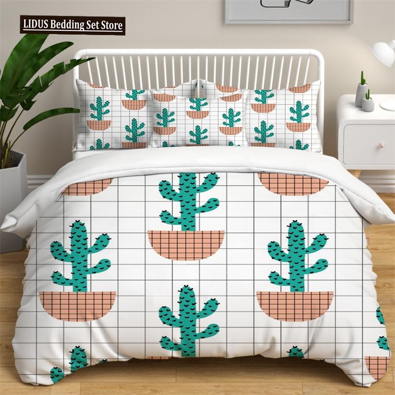 Green Cactus Potted Duvet Cover Set King Size Polyester Comforter Cover Cartoon Green Plant Cute Kawaii For Kid Boy Bedding Set