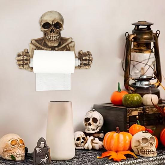Creative Skull Toilet Paper Holder Wall Mount Paper Rack Simple Installation Halloween Skull Tissue Dispenser Bathroom Decoration
