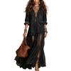 Damen Jeans-Look Hemdblusenkleid, Langarm Netz Patchwork Maxikleid, Knopfleiste Rüschen Durchsichtiges Langes Kleid