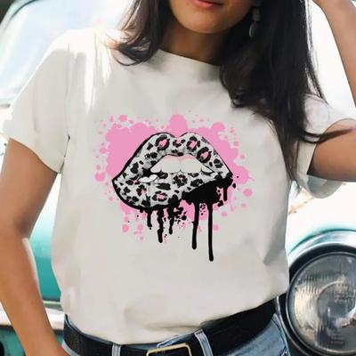 Women T-shirts Lip Funny Lovely Ladies O-neck Trend Short Sleeve Cartoon T Top Shirt Print Female Graphic Tee Fashion T-Shirt