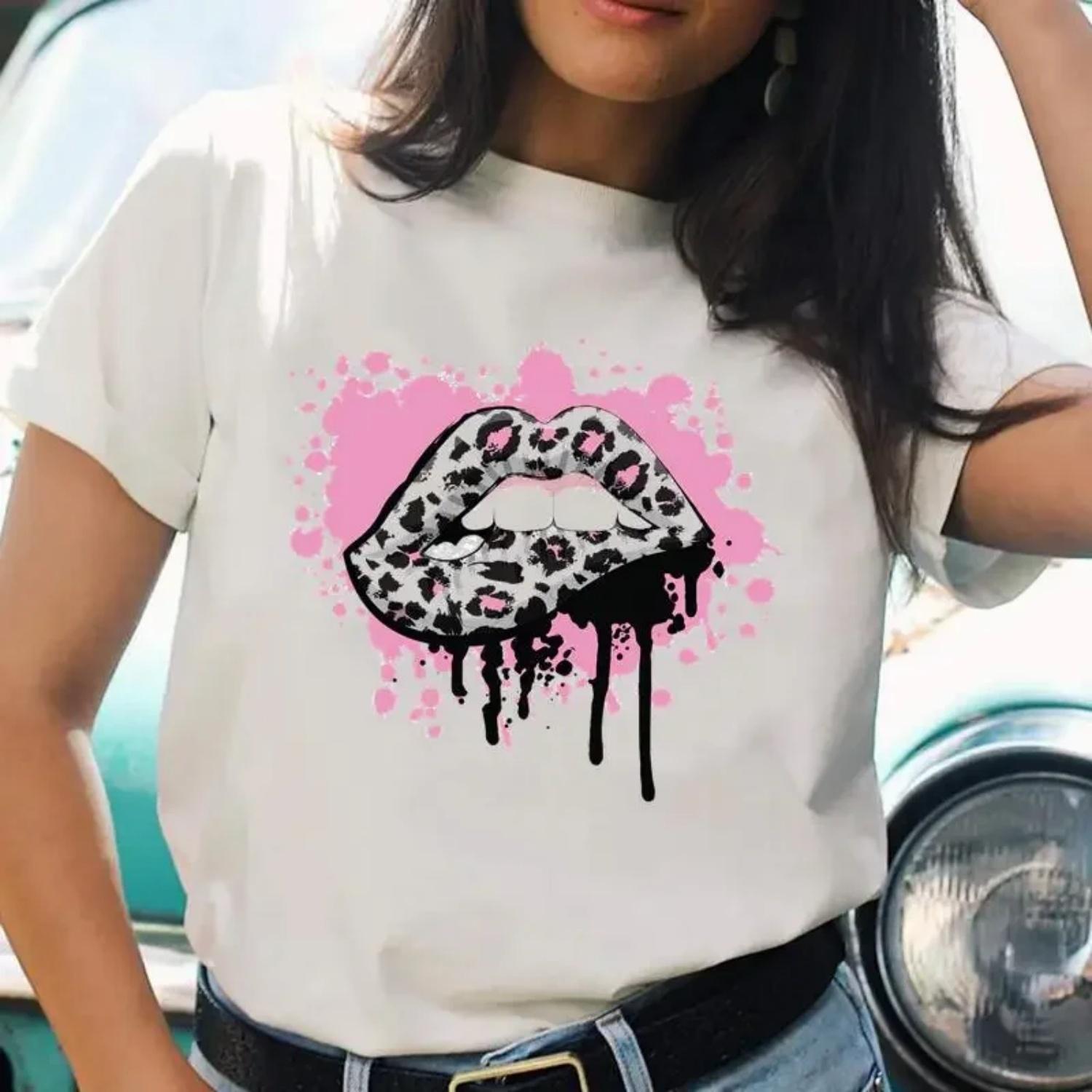 

Women T-shirts Lip Funny Lovely Ladies O-neck Trend Short Sleeve Cartoon T Top Shirt Print Female Graphic Tee Fashion T-Shirt XXXXXL білий