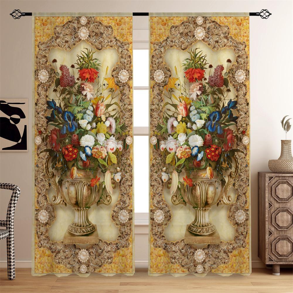 Luxury Oil Painting Gold Vase Colorful Flower Window Curtains Blinds for Living Room Girl Boy Kids Bedroom Decor 2Pieces Office
