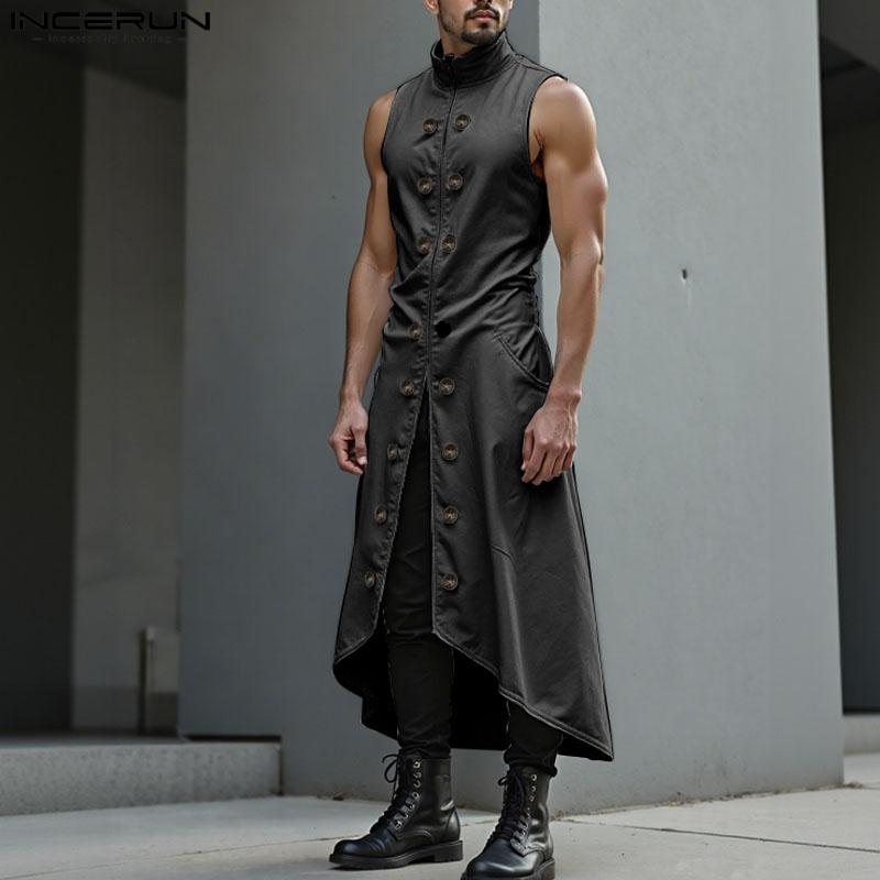 INCERUN Men Sleeveless Zip-up Decorative Buttons Casual Long Cardigan Waistcoats