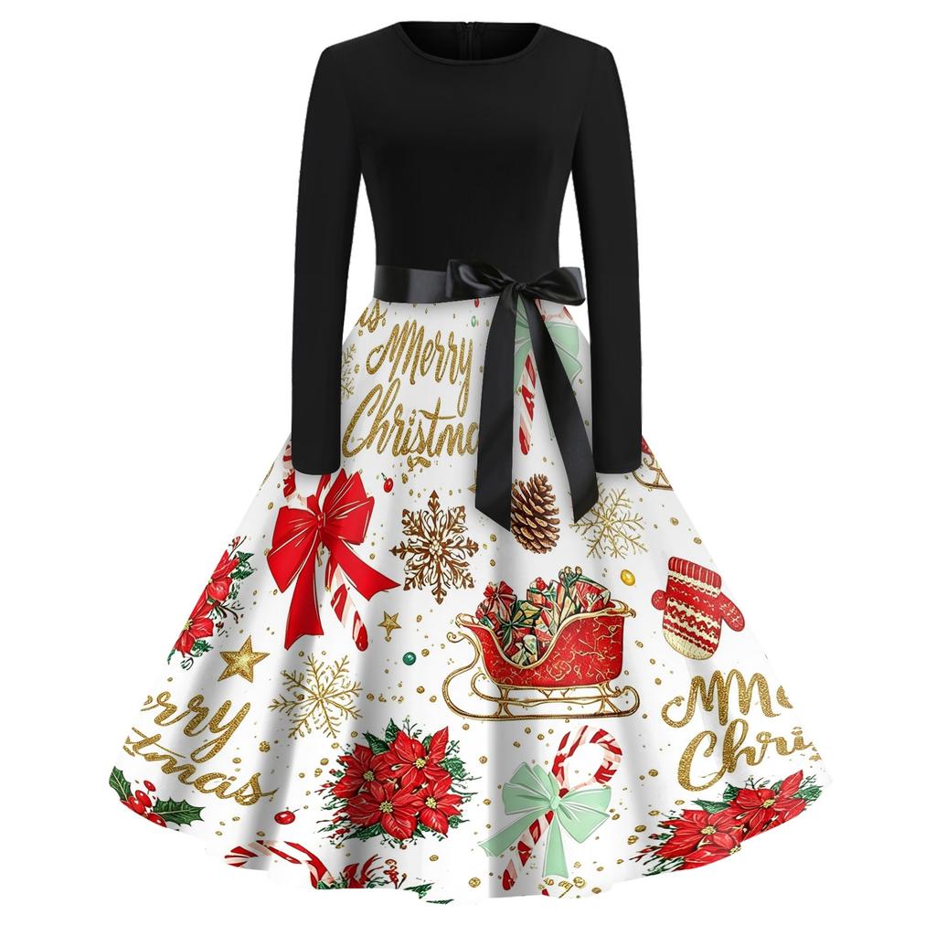 Women's Casual Vintage V-Neck Dress with Christmas Snowflake and Tree Print