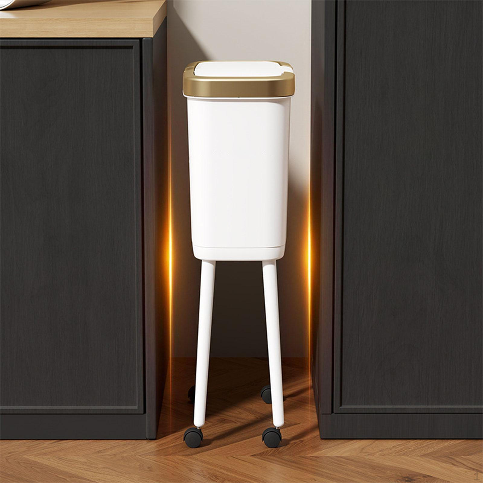 

Trash Bin with Wheels Garbage Can 15L 360° Rotation Practical Waste for Office White Gold