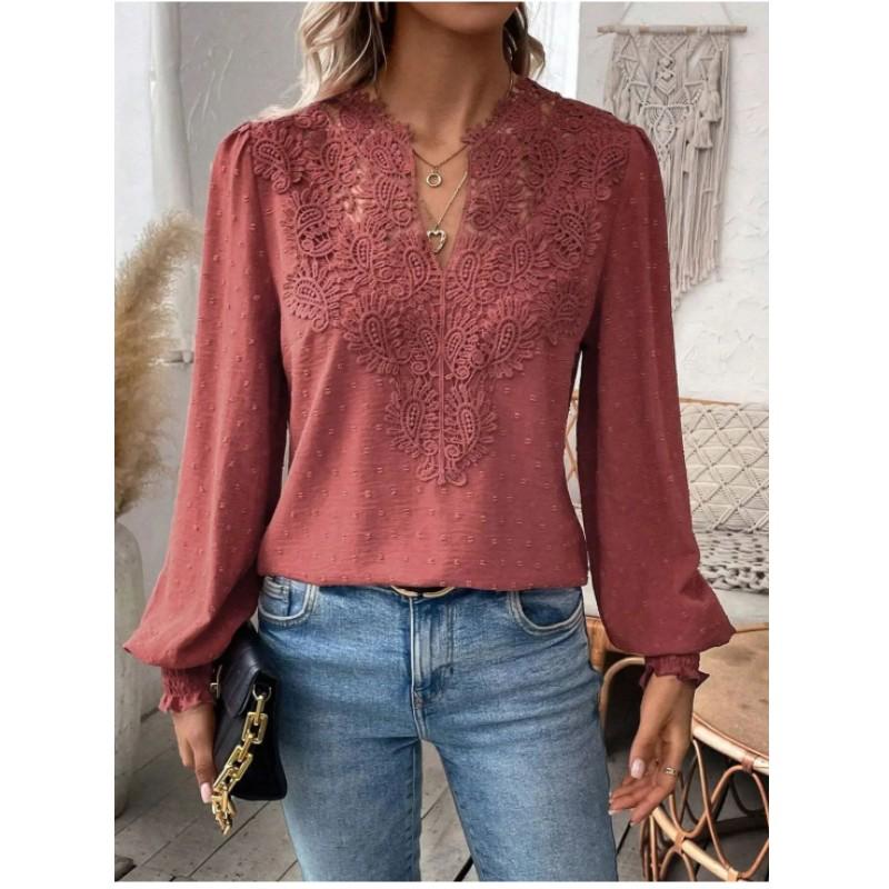 Dámská ležérní košile s dlouhým rukávem a výstřihem do V, s krajkovou vsadkou, jednobarevný elegantní top